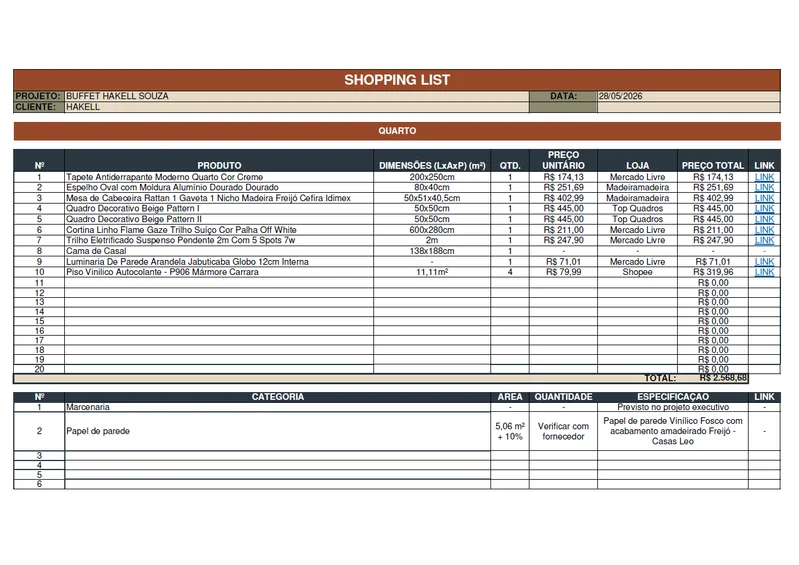 Lista de compras com preços, referências e lojas